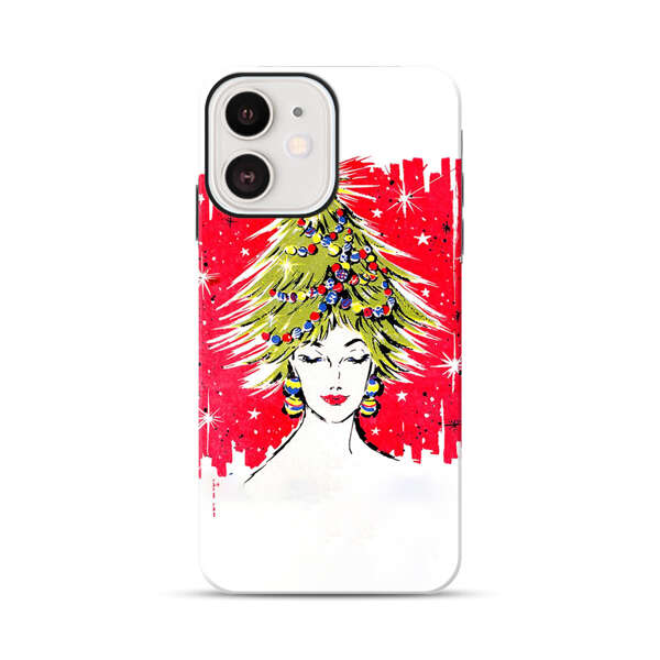 Christmas Tree Hair Woman Red Background iPhone 12 Mini Impact Case