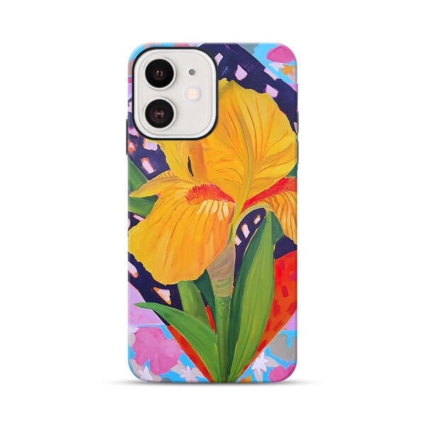 Yellow Iris Flower with Colorful Patchwork Background iPhone 12 Mini Impact Case