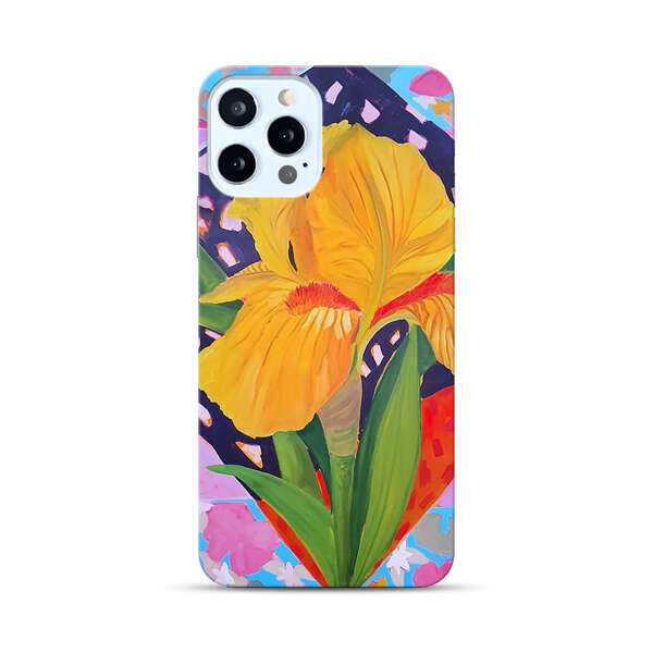 Yellow Iris Flower with Colorful Patchwork Background iPhone 12 Pro Hard Case