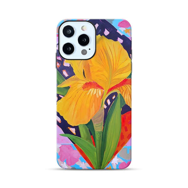 Yellow Iris Flower with Colorful Patchwork Background iPhone 12 Pro Impact Case