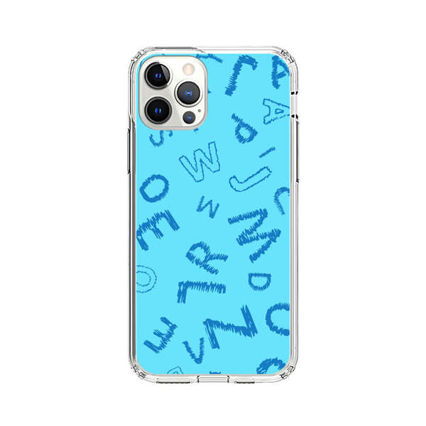Blue background with random sketched alphabet letters iPhone 12 Pro Max Case