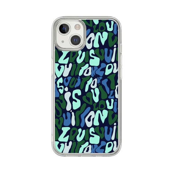 Abstract Layered Text Pattern in Blue and Green iPhone 13 Case