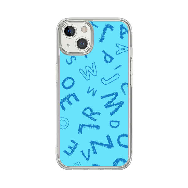 Blue background with random sketched alphabet letters iPhone 13 Case