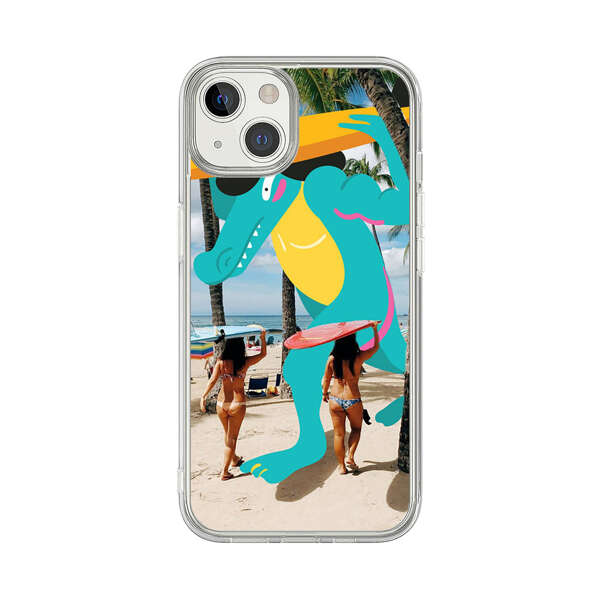 Cartoon Alligator Carrying Surfboards on Beach iPhone 13 Case