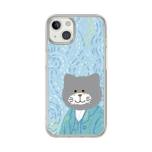 Whimsical Gray Cat with Starry Night Background iPhone 13 Case