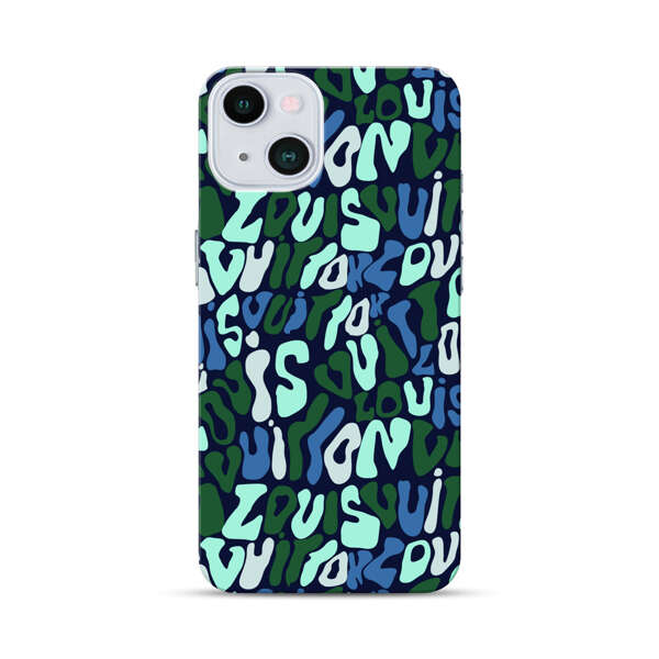 Abstract Layered Text Pattern in Blue and Green iPhone 13 Hard Case