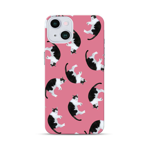 Black and White Cats Pattern on Pink Background iPhone 13 Hard Case
