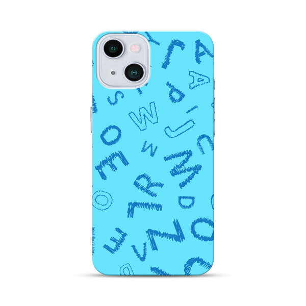 Blue background with random sketched alphabet letters iPhone 13 Hard Case