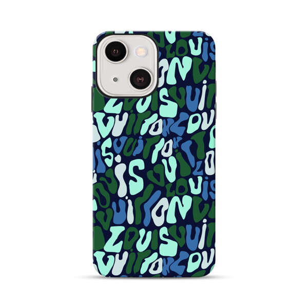 Abstract Layered Text Pattern in Blue and Green iPhone 13 Impact Case