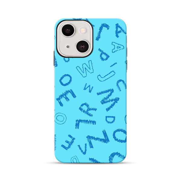 Blue background with random sketched alphabet letters iPhone 13 Impact Case