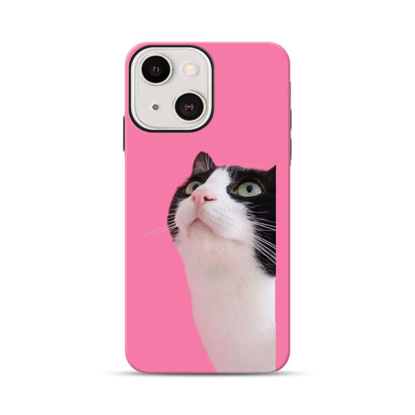 Curious Black and White Cat on Pink Background iPhone 13 Impact Case