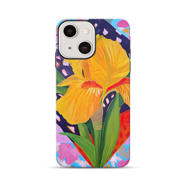 Yellow Iris Flower with Colorful Patchwork Background iPhone 13 Impact Case