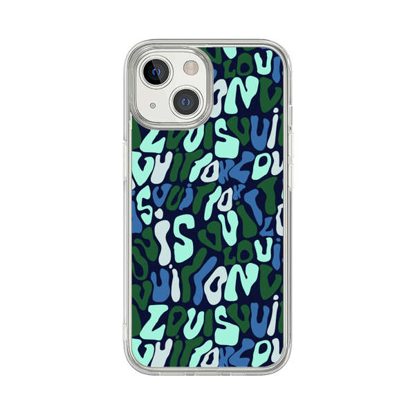 Abstract Layered Text Pattern in Blue and Green iPhone 13 Mini Case