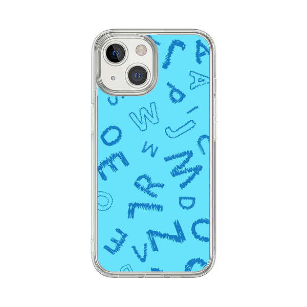 Blue background with random sketched alphabet letters iPhone 13 Mini Case