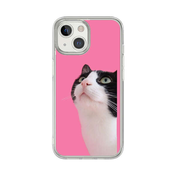 Curious Black and White Cat on Pink Background iPhone 13 Mini Case