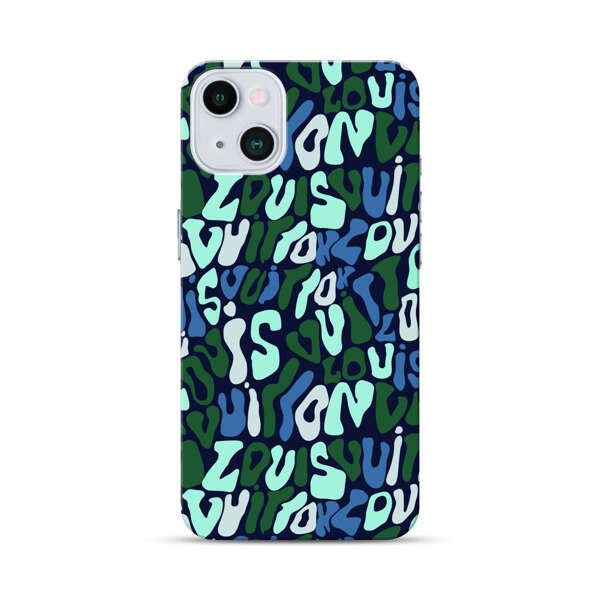 Abstract Layered Text Pattern in Blue and Green iPhone 13 Mini Hard Case