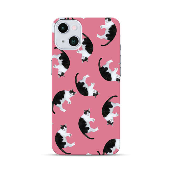 Black and White Cats Pattern on Pink Background iPhone 13 Mini Hard Case
