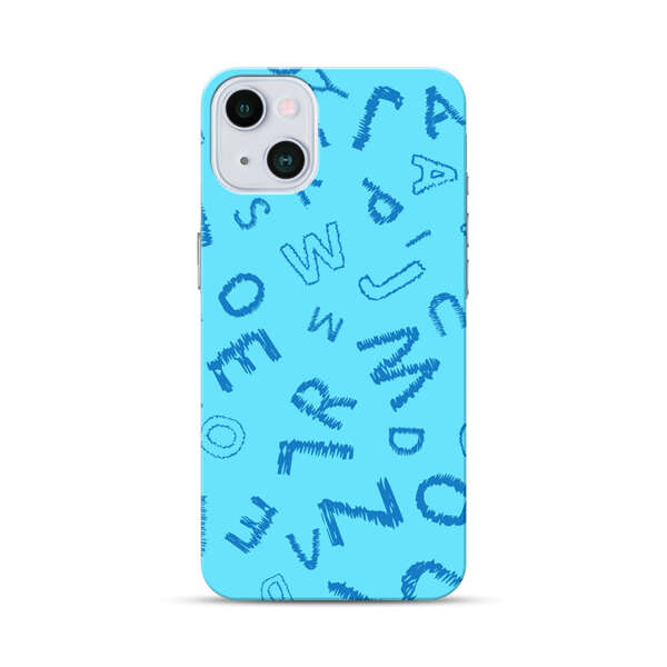 Blue background with random sketched alphabet letters iPhone 13 Mini Hard Case