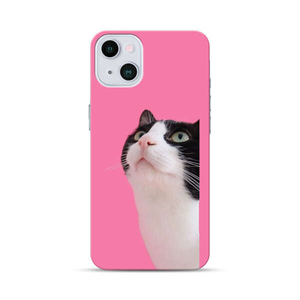 Curious Black and White Cat on Pink Background iPhone 13 Mini Hard Case
