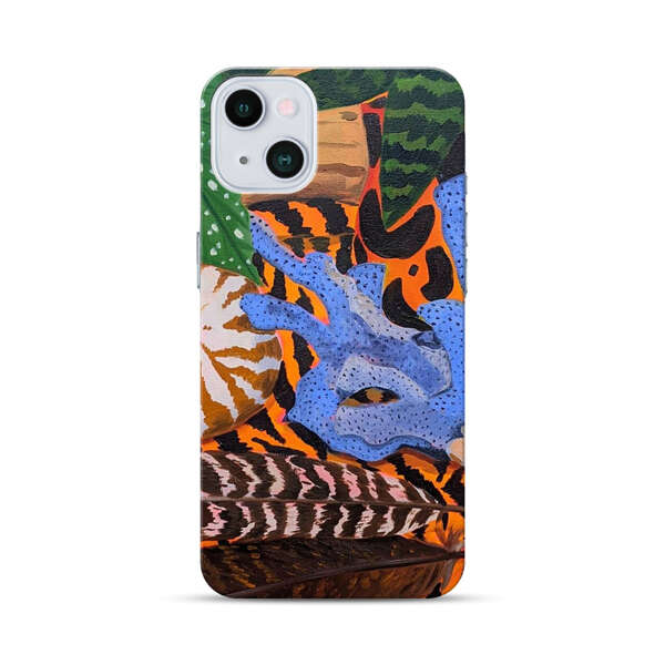 Tropical Coral Seashell Feathers on Tiger Pattern iPhone 13 Mini Hard Case