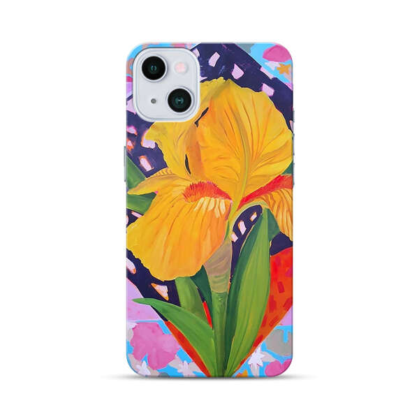 Yellow Iris Flower with Colorful Patchwork Background iPhone 13 Mini Hard Case