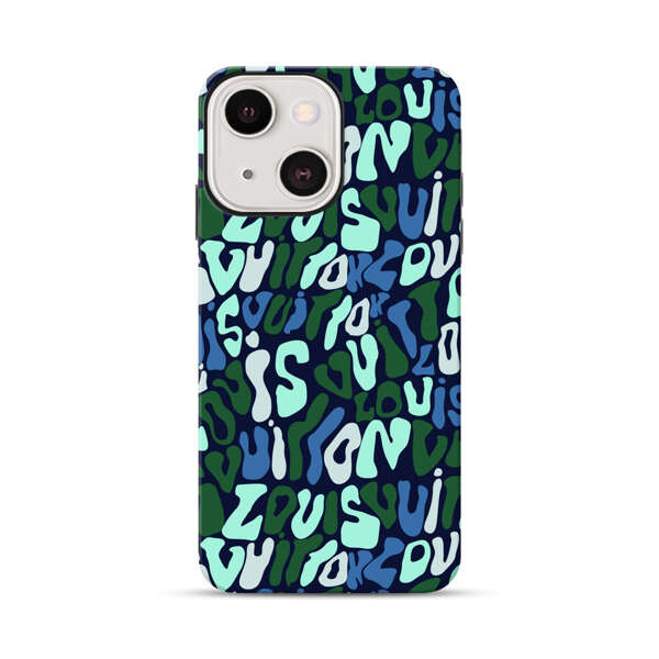 Abstract Layered Text Pattern in Blue and Green iPhone 13 Mini Impact Case