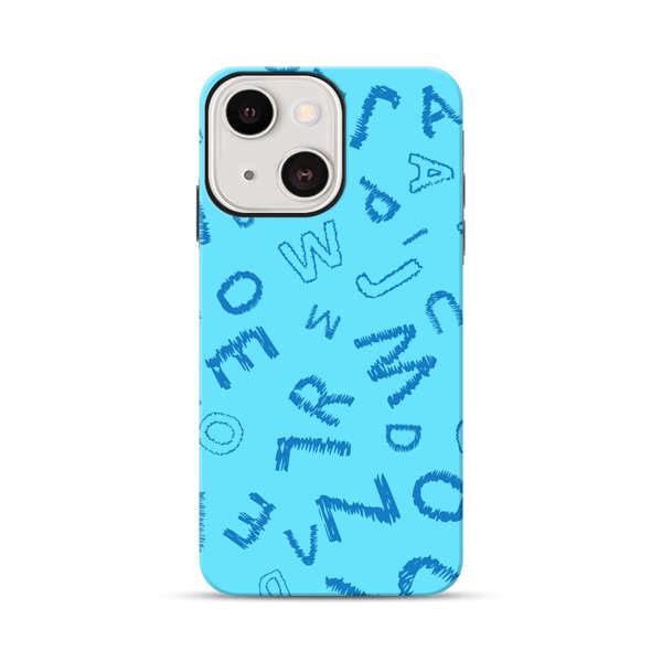 Blue background with random sketched alphabet letters iPhone 13 Mini Impact Case