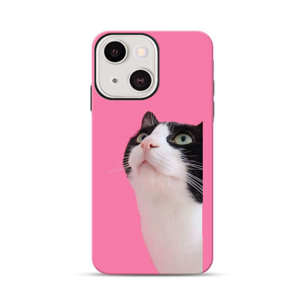 Curious Black and White Cat on Pink Background iPhone 13 Mini Impact Case