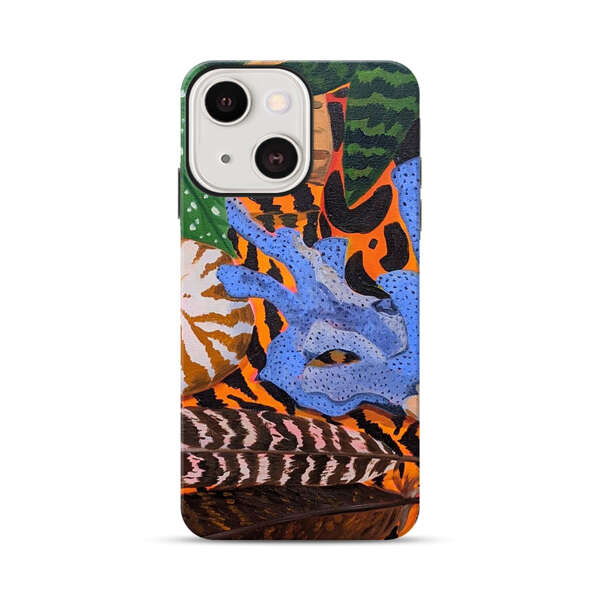 Tropical Coral Seashell Feathers on Tiger Pattern iPhone 13 Mini Impact Case