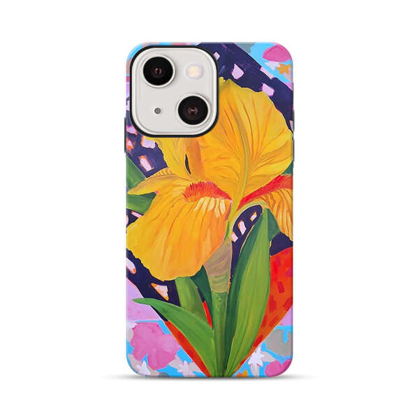 Yellow Iris Flower with Colorful Patchwork Background iPhone 13 Mini Impact Case