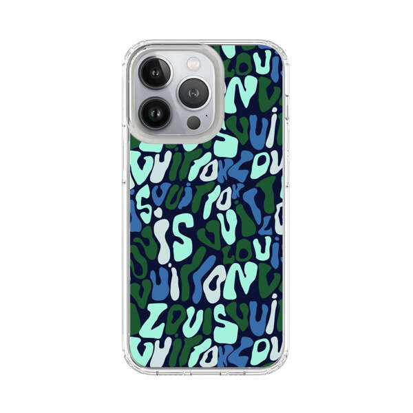 Abstract Layered Text Pattern in Blue and Green iPhone 13 Pro Case