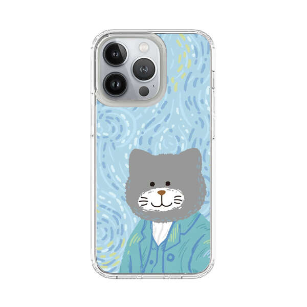 Whimsical Gray Cat with Starry Night Background iPhone 13 Pro Case