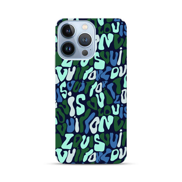 Abstract Layered Text Pattern in Blue and Green iPhone 13 Pro Hard Case