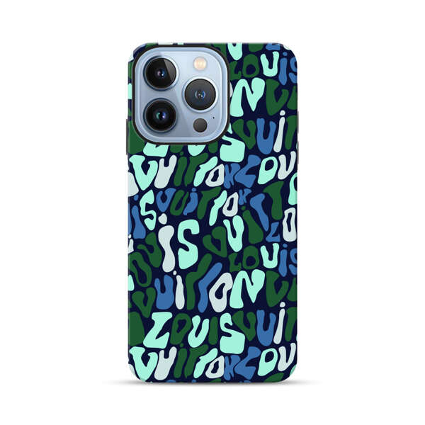 Abstract Layered Text Pattern in Blue and Green iPhone 13 Pro Impact Case