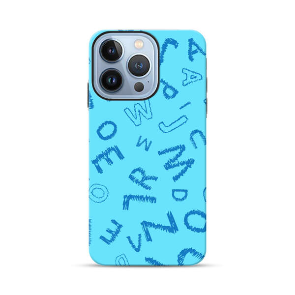 Blue background with random sketched alphabet letters iPhone 13 Pro Impact Case
