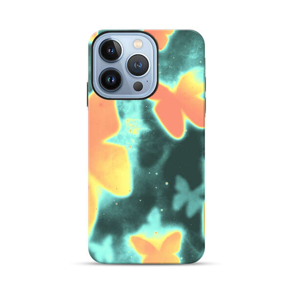 Bright Glowing Orange Butterflies Blue Background iPhone 13 Pro Impact Case