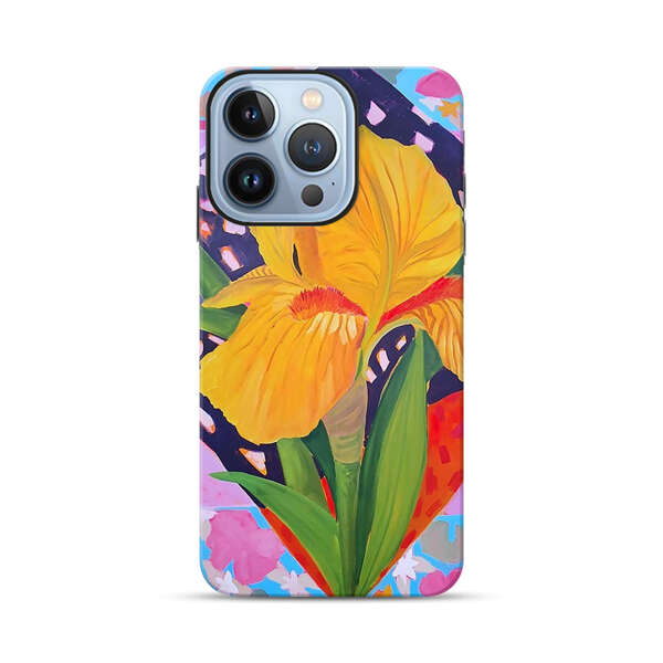 Yellow Iris Flower with Colorful Patchwork Background iPhone 13 Pro Impact Case