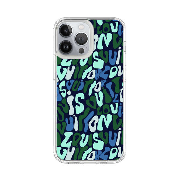 Abstract Layered Text Pattern in Blue and Green iPhone 13 Pro Max Case