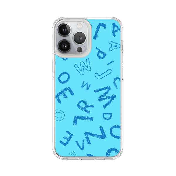 Blue background with random sketched alphabet letters iPhone 13 Pro Max Case