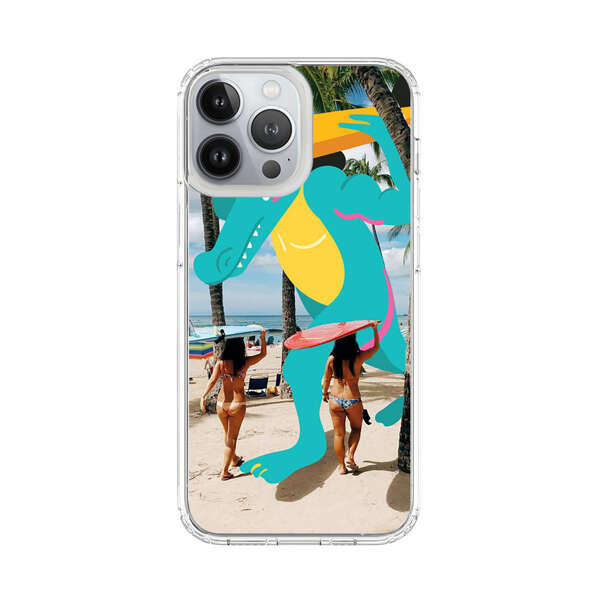 Cartoon Alligator Carrying Surfboards on Beach iPhone 13 Pro Max Case