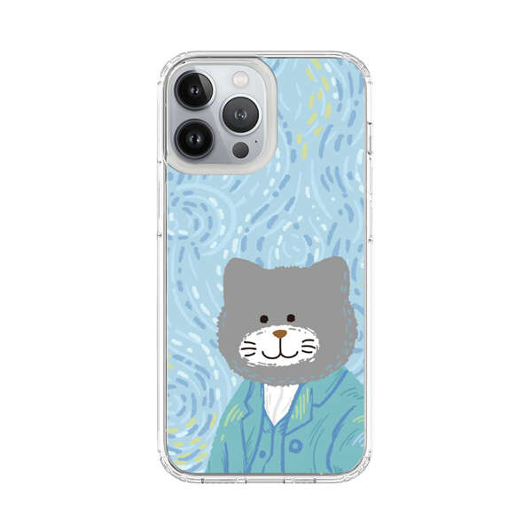 Whimsical Gray Cat with Starry Night Background iPhone 13 Pro Max Case
