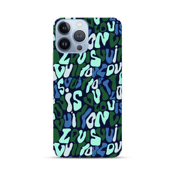 Abstract Layered Text Pattern in Blue and Green iPhone 13 Pro Max Hard Case