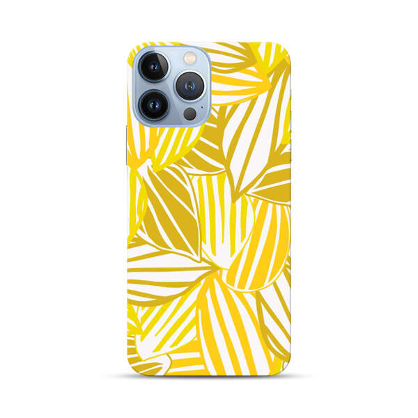 Bright Yellow Striped Tropical Leaves Pattern iPhone 13 Pro Max Hard Case