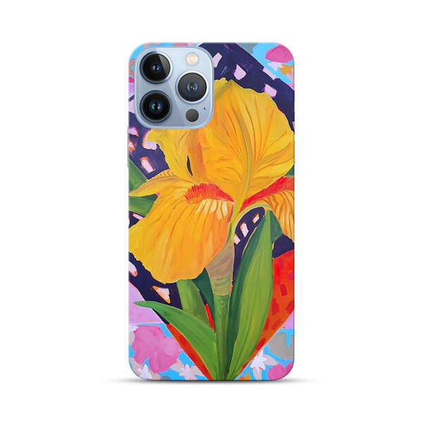 Yellow Iris Flower with Colorful Patchwork Background iPhone 13 Pro Max Hard Case