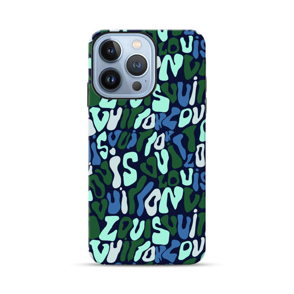 Abstract Layered Text Pattern in Blue and Green iPhone 13 Pro Max Impact Case