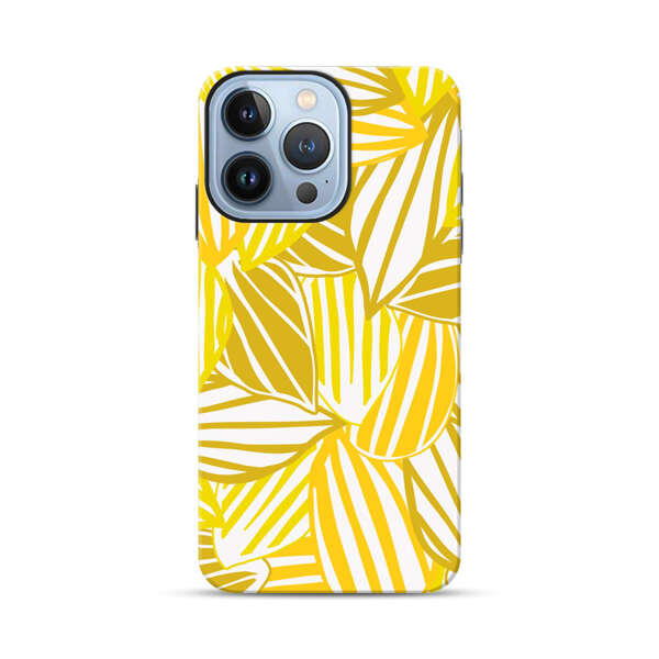 Bright Yellow Striped Tropical Leaves Pattern iPhone 13 Pro Max Impact Case