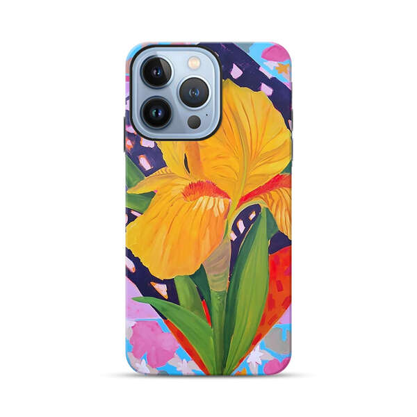 Yellow Iris Flower with Colorful Patchwork Background iPhone 13 Pro Max Impact Case