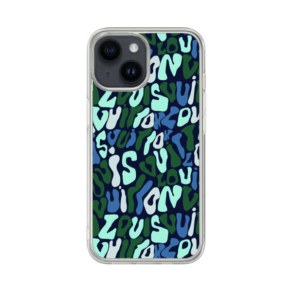 Abstract Layered Text Pattern in Blue and Green iPhone 14 Case