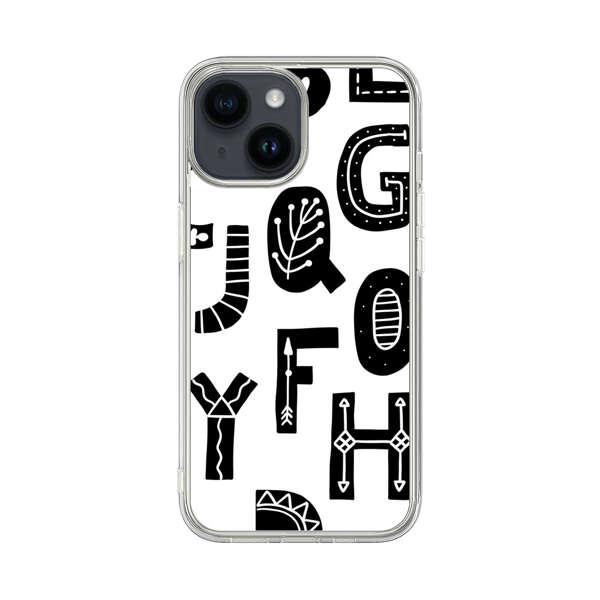Black and White Hand-Drawn Alphabet Letters Pattern iPhone 14 Case