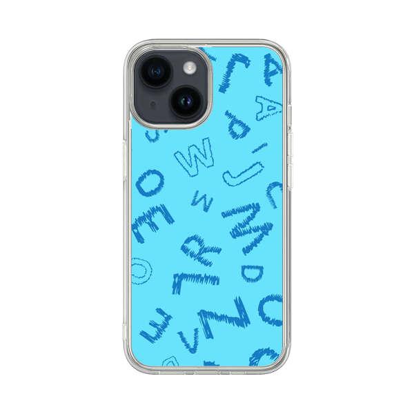 Blue background with random sketched alphabet letters iPhone 14 Case